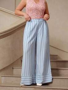 VOLUPTÉ CURVE Pantalon ample grande taille printemps/été, seulement pantalon décontracté minimaliste à rayures verticales bleu clair taille haute ample patchwork, convient pour le travail et le port quotidien - Bleu azur - Voir 2