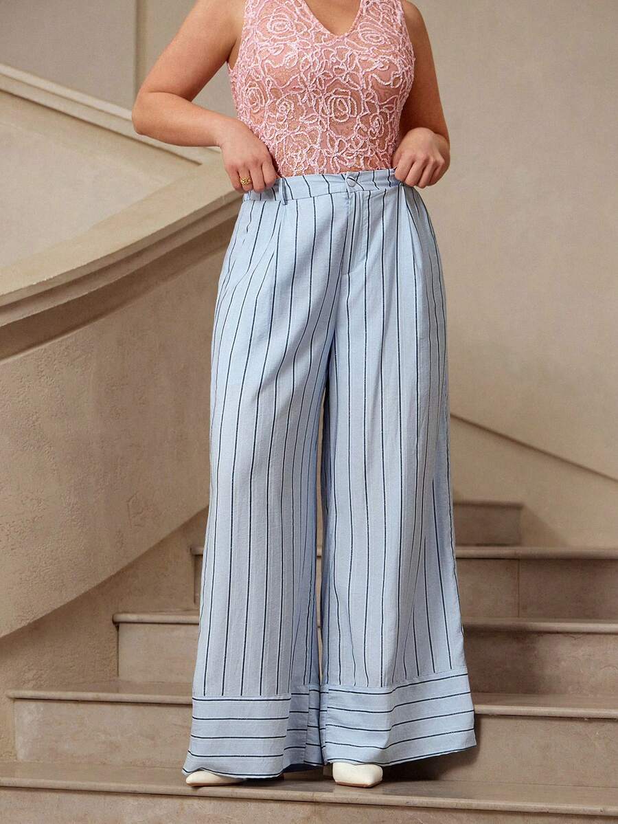 VOLUPTÉ CURVE Pantalon ample grande taille printemps/été, seulement pantalon décontracté minimaliste à rayures verticales bleu clair taille haute ample patchwork, convient pour le travail et le port quotidien