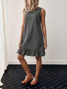 EMERY ROSE Women's Round Neck Sleeveless Casual Denim Dress With Ruffle Hem And Button Back Design - Grey - View 6