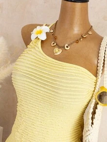 Bellisia Women's Yellow Summer Casual Vacation Holiday Backless Camisole High Waist Bodycon Dress,Hibiscus Accessory Elegant Wavy Bikini Swimsuit Coverup - Yellow - View 6