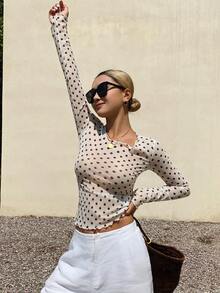 DAZY Women's Polka Dot Sheer Long Sleeve Crew Neck Undershirt, Spring/Summer - White - View 4