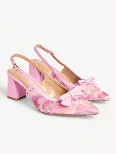 CUCCOO CHICEST Tie Dye Pink Mesh Bow Pointed Toe Chunky Heel Mule Pumps For Women