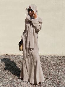 DAZY 2pcs Blue Linen-Feel Loose Cinched Waist Vacation Style Set, Spring/Summer Lounge Sets For Women - Khaki - View 4