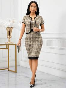 SHEIN Lady 优雅通勤格子拼色短袖上衣和连衣裙套装 - 卡其色 - 查看 5