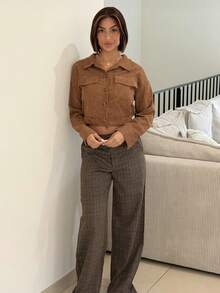 IamThia Corduroy Flap Pocket Button Up Crop Jacket Fall Winter Cloth For Women - Brown - View 1