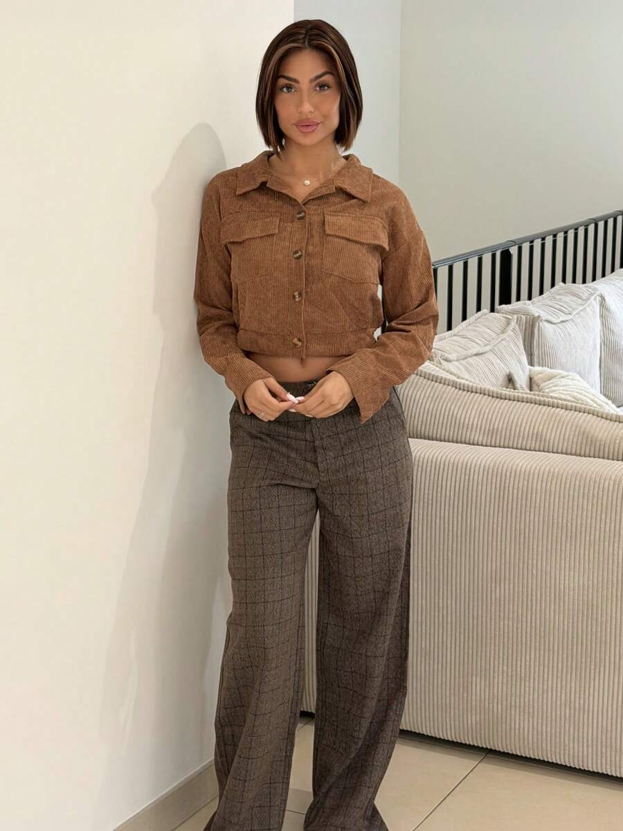 IamThia Corduroy Flap Pocket Button Up Crop Jacket Fall Winter Cloth For Women - Brown - View 1