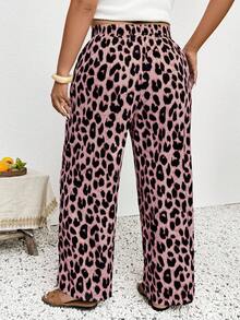 SHEIN Frenchy Plus Size High Waist Leopard Print Drawstring Loose Straight Leg Pants - Multicolor - View 2