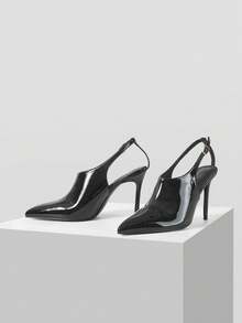 MOTF 2026 NEW PATENT LEATHER SANDALS METAL BUCKLE EMPTY POINTED THIN HEEL WOMEN'S SHOES BLACK POINTED HIGH HEEL SANDALS - Black - View 3