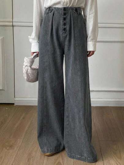 DAZY 纯色做旧水洗宽松阔腿褶裥休闲街头风女长裤，春夏款