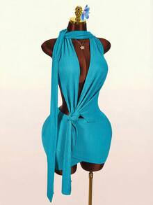 Amplova Women's Turquoise Blue Summer Textured Halter Backless Deep V Twist Knot Mini Dress Techno Night Out Club Night Club Rave Avant-Garde Asymmetrical Hem - Blue - View 2