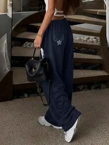 DAZY Women's Elastic Waist Pocket Wing Embroidery Pattern Casual Versatile Daily Wear Sweatpants, Autumn/Winter - Navy Blue - View 3