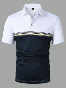 Manfinity Mode Men's Contrast Color Polo Shirt, Suitable For Outings And Office Wear Golf Shirt For Men Polo Shirt For Men Casual Polo Shirt Mens Collared Shirt Striped Polo Shirt  Old Money,Daily Leisure, Weekend Trips, Outdoor Activities, Travel Expeditions, Relaxed Work Environments Or Semi-Formal Occasions, Boyfriend/Husband Gift, Anniversary /Birthday Gift Party Summer Vacation Holiday,Wedding,Spring To Summer,Easter,Y2k,Vintage,Hawaiian - Blue and White - View 5