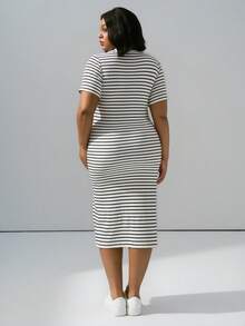 Hourglow Plus Size Colorblock Striped Short Sleeve Dress Stripe Dress Midi Bodycon Dress, For Hourglass Body Shape, For Summer - Black and White - View 9