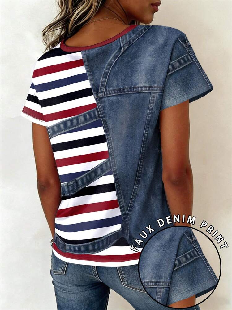 EMERY ROSE Patchwork Pattern Striped Round Neck Short Sleeve Casual Plus Size T-Shirt, Spring & Summer - Multicolor - View 2