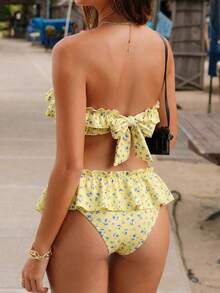 Swim Mod Bộ bikini quây in họa tiết toàn thân dành cho nữ, quần short váy xếp ly cạp thấp kiểu dáng thường ngày, đồ bơi đi nghỉ mát. - Màu vàng - Xem 2