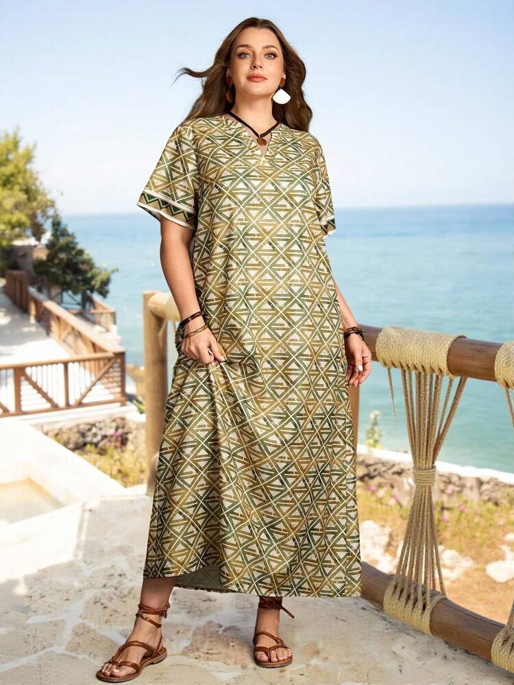 Plus Size Women's Summer Vacation Style Allover Print Cutout Neck Loose Dress, Belt Not Included Summer Outfits Beach Vacation Outfits For Women Floral Dress BOHO Clothes Women's Summer Dresses Long Casual Dress Women Casual Dresses Printed Summer Dress Summer Outfits For Women Beach Outfit For Women Casual Vacation Outfits Women Country Concert Outfit Peplum