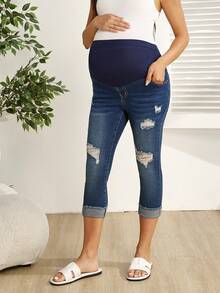 SHEIN 时尚休闲孕妇破洞弹力修身七分牛仔裤，适合春夏穿着 - 藍色 - 查看 6