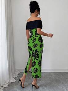 SHEIN Elenzya 露肩蝴蝶结撞色腰身修身印花面料优雅浪漫简约女式连衣裙 - 綠色 - 查看 2