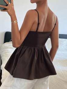 DAZY Women's Solid Color Square Neck Waist Splice Ruffle Hem Zipper Elegant Summer Vacation Camisole Babydoll Top - Brown - View 4