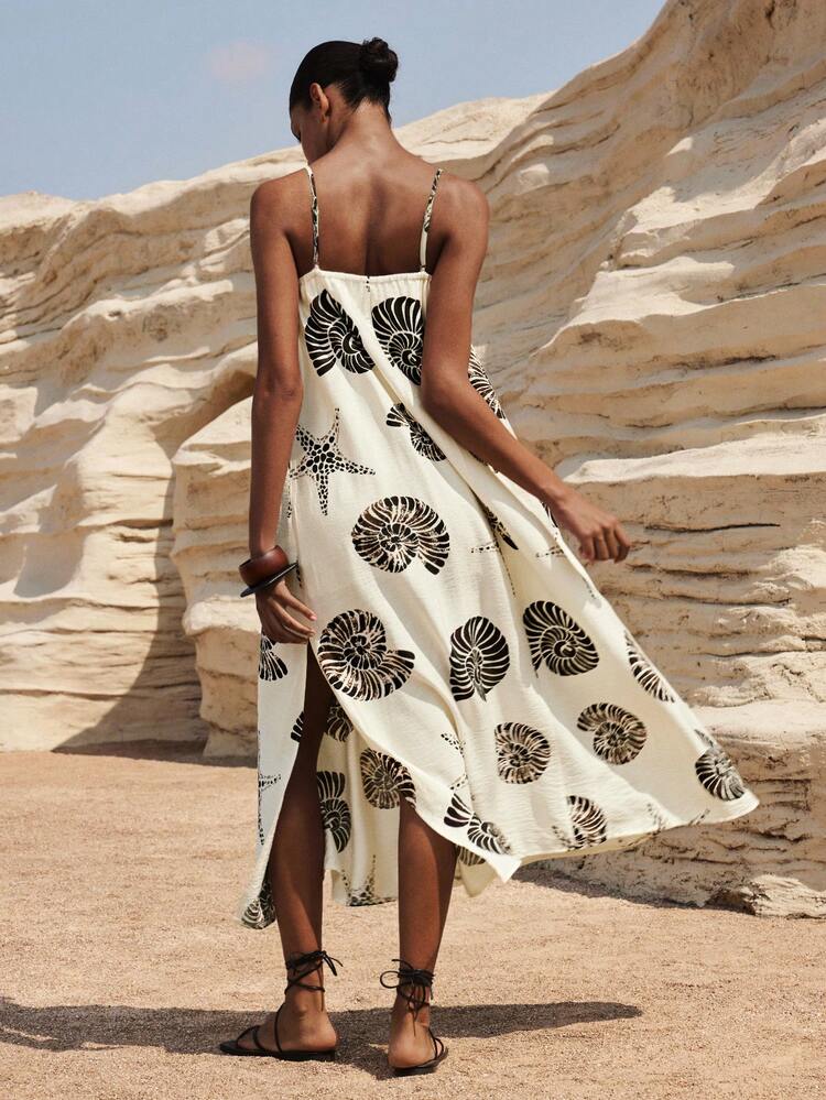 SHEIN Maija 2025 Summer Long Dress For Women,Black White Boho Beach Vacation Holiday Sun Dress,Vintage Urban Resort Style,Casual Fashionable Graduation Outfit