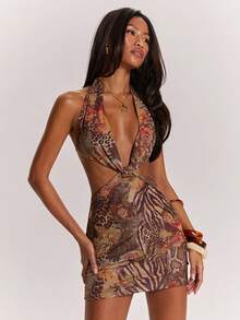 SHEIN BAE Đầm ngắn gợi cảm khoét lưng với họa tiết da báo Paisley, thích hợp cho lễ hội nhạc đồng quê, câu lạc bộ, hoạt động ngoài trời, mùa hè, phong cách Boho. - Nhiều màu - Xem 5