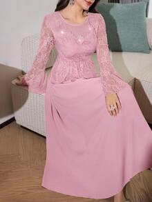 Modelyn Spring & Summer Pink Round Neck 3D Floral Lace Patchwork Flare Sleeve Dress, Elegant For Women - Pink - View 6