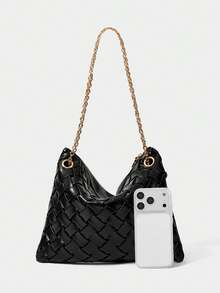SHECARRY Women's Shoulder Bag, Soft Pleated Material, Exquisite Chain Shoulder Bag. - Black - View 4
