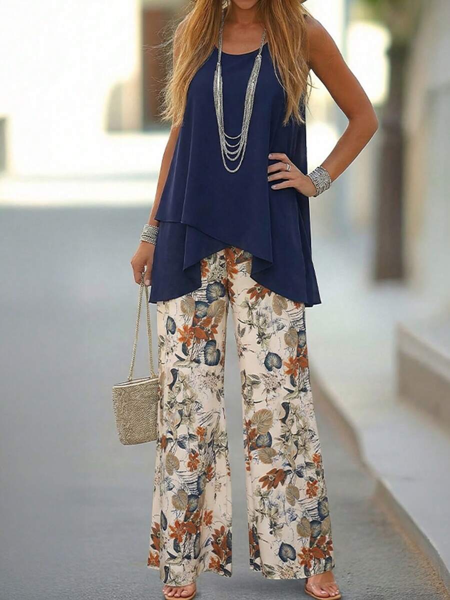 EMERY ROSE Women's Casual Vacation Sleeveless Button Decor Shirt And Wide Leg Pants 2 Pieces Set, Spring/Summer - Multicolor - View 1