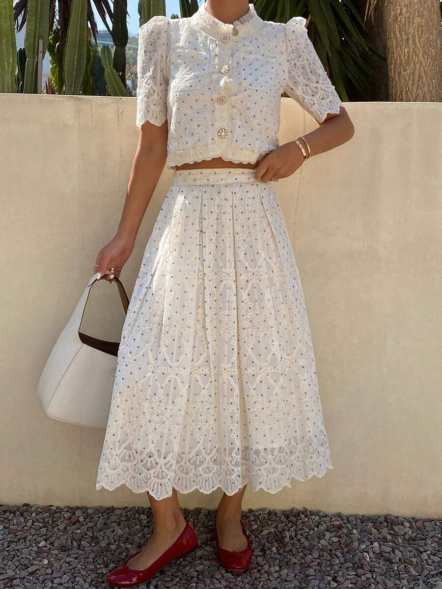 DAZY 法式波点蕾丝刺绣两件套连衣裙，优雅时尚，适合年轻女士 - 杏色 - 查看 1