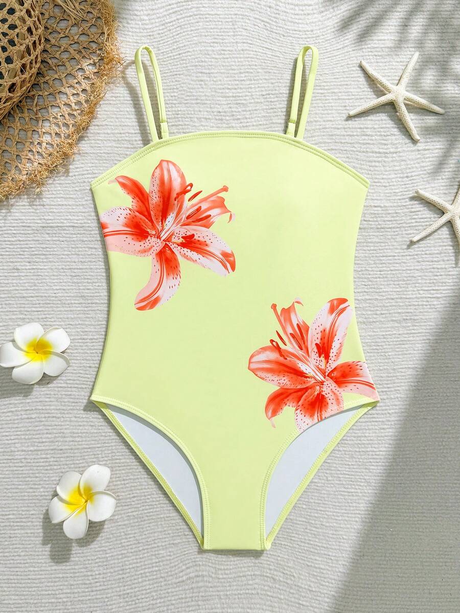 SHEIN Tween Girls Floral Print One-Piece Swimsuit,Yellow One-Piece Swimsuit With Lily Print, Thin Straps, Skin-Friendly And Quick-Drying, Perfect For Little Girls To Wear While Learning To Swim At The Beach Or Pool, Or For Vacations And Water Activities – A Refreshing Summer Outfit. Swimsuit Flower 1 Piece Swimwear Bathing Suit For Girls Summer Outfits For Women Swimsuit Cheap Bathing Suits Buy Swimwear - Yellow - View 1