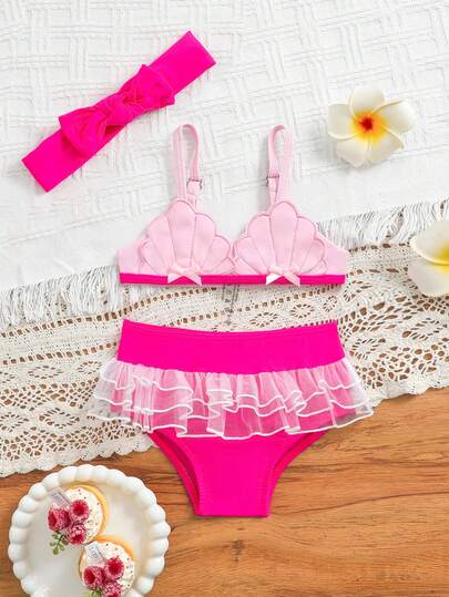 SHEIN 女宝宝夏季度假可爱贝壳刺绣蝴蝶结装饰泳衣套装，沙滩装