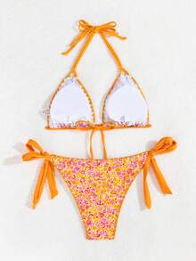 Swim Vcay Women's Fashion Printed Halter Strap Triangle Bikini Set, Summer - Orange - View 6