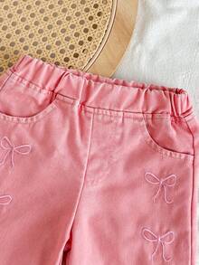 SHEIN Vintaside Kids Baby Girls' Jeans With Embroidered Bow Decor, Cute Countryside Style Versatile All-Match Denim Pants - Pink - View 3