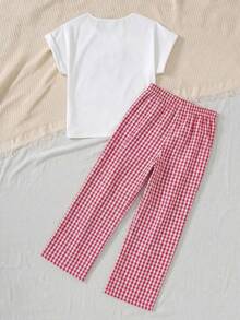 SHEIN Tween Girl Red And White Plaid Summer Cute Family Matching Outfit,Portrait Print Bow Decor Loose T-Shirt And Wide Leg Pants 2 Pieces Set For Vacation - Red - View 9