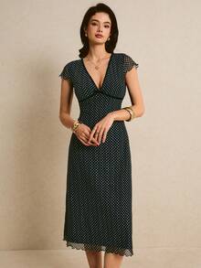 Poéselle 女士优雅波点印花中长连衣裙，夏季 - 黑色 - 查看 8