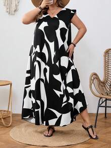 SHEIN CURVE+ Đầm ngắn tay cổ chữ V cỡ lớn, họa tiết hoa ngẫu nhiên, thích hợp mặc đi nghỉ hè. - Đen và trắng - Xem 3