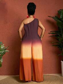 SHEIN CURVE+ Curve 尺码 US22 音乐节、海滨度假、波西米亚风女士舒适卡其色渐变数码印花性感优雅无袖连体裤，适合各种场合 - 彩色 - 查看 2