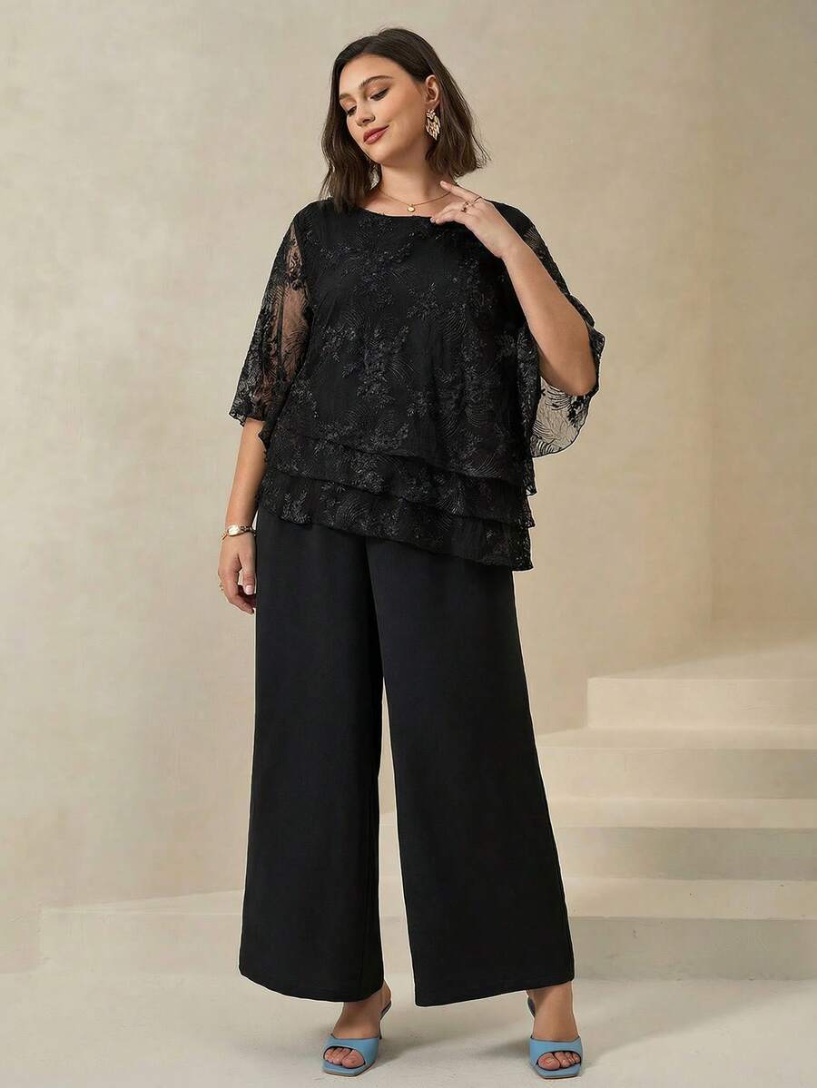 Chikora Plus Size Elegant Commuter Embroidered Mesh Top And Pants 2 Pieces Set - Black - View 1