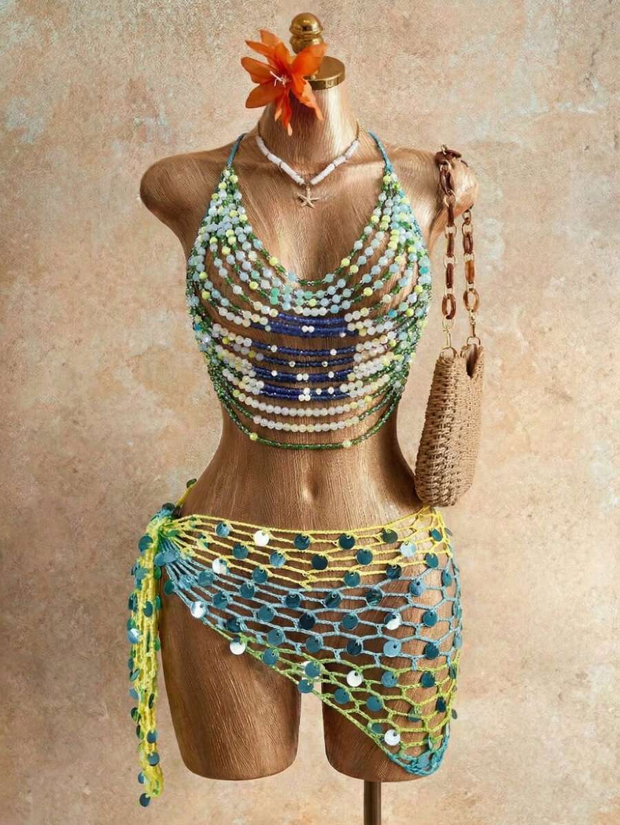 Women's Beaded Music Festival Sexy Camisole Music Festival Carnival Festival Outfit Beaded Bikini, Summer , Summer Clothes , Summer Outfits For Women , Summer Outfits , Summer Outfit For Women ,Vacation Outfits Women Beads Top Bling Dress Badazzled Top Custom Dress Summer & Autumn Colorful Beaded Cover-Up, Sexy & Fashionable Design Suitable For Music Festivals And Electronic Music Festivals, Bohemian Style Women Coverup , Rhinestone Embellished Shiny, Suitable For Bar Party, Carnival, Club Wear Women Outfits Sets  Women Vacation Outfit Sets Bikinis Set For Women With Cover Up - Green - View 1