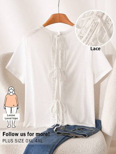 CosyJoli Plus Size Women's Backless T-Shirt, Casual Ladies Clothing Short Sleeve Ruffle T-Shirt White T-Shirt