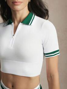 Activina 春夏女士修身短袖拉链 Polo 衫，短款夏季运动上衣，女士高尔夫套装，女士运动 Polo 衫，夏季女士 Polo 衫，女士高尔夫上衣 - 白色 - 查看 7