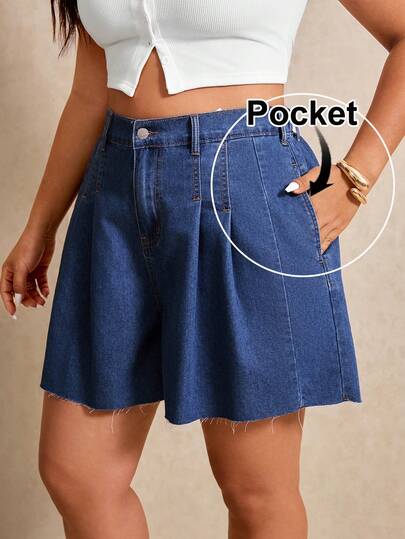 Elaquor Plus Size Women Buttoned Pleated Casual Versatile Daily Wear Denim Shorts