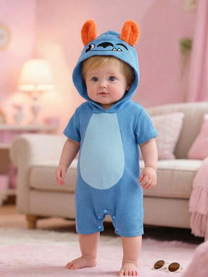 SHEIN 男女宝宝可爱3D大耳朵设计连帽短袖连体衣套装，婴儿服装