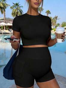 SHEIN Pregnant Women's Solid Color Round Neck Cropped Sports Short Sleeve T-Shirt And Shorts Set, Summer,Word Cup - Black - View 10