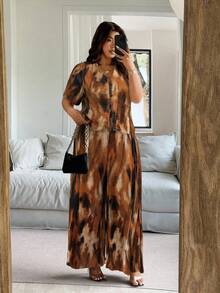 Vionelle Plus Size V-Neck Short Sleeve 2 Pieces Set For Women,Chocolate Brown,Autumn,Casual,Everyday Leopard Cheetah Print Loose Two Piece Set Luxury Dresses - Brown - View 5