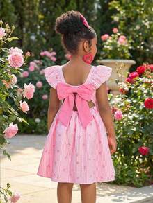 Maija Kids Maija Kids 新款编织可爱彩色爱心印花荷叶边领露背蝴蝶结休闲度假连衣裙，适合母女、姐妹装、情人节等节日穿着 - 粉色 - 查看 2