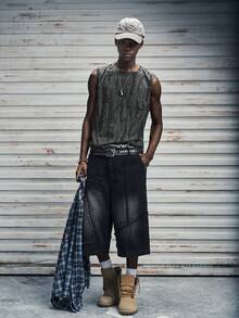 Modcrash Men's Street-Style Distressed Textured Jacquard Crew Neck Sleeveless Fashion Tank Top - Dark Grey - View 3