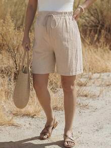 Boho Mama شورت كاجوال يومي متعدد الاستخدامات للنساء الحوامل بخصر مطاطي وجيوب، بلون أحادي - كاكي - مشاهدة 4