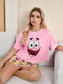SpongeBob SquarePants | SHEIN Set de bluză și pantaloni scurți cu guler rotund și mânecă scurtă pentru femei, lenjerie de casă casual - Roz - Vizualizare 6