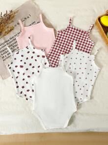 SHEIN 5pcs/Set Baby Girls' Summer Floral & Plaid Pattern Knit Sleeveless Rompers - Multicolor - View 2